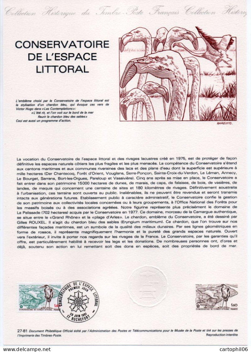 - Document Premier Jour LE CONSERVATOIRE DE L'ESPACE LITTORAL - ROCHEFORT 20.6.1981 - - Documentos Del Correo