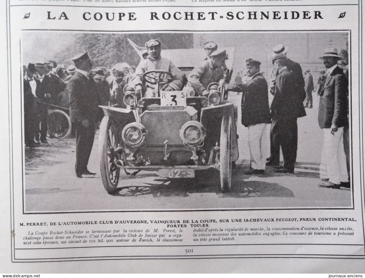 1905 AUTOMOBILE - COUPE ROCHET SCNHNEIDER - PERRET DE L'AUTOMOBILE CLUB D'AUVERGNE VOITURE PEUGEOT PNEUS CONTINENTAL - Andere & Zonder Classificatie