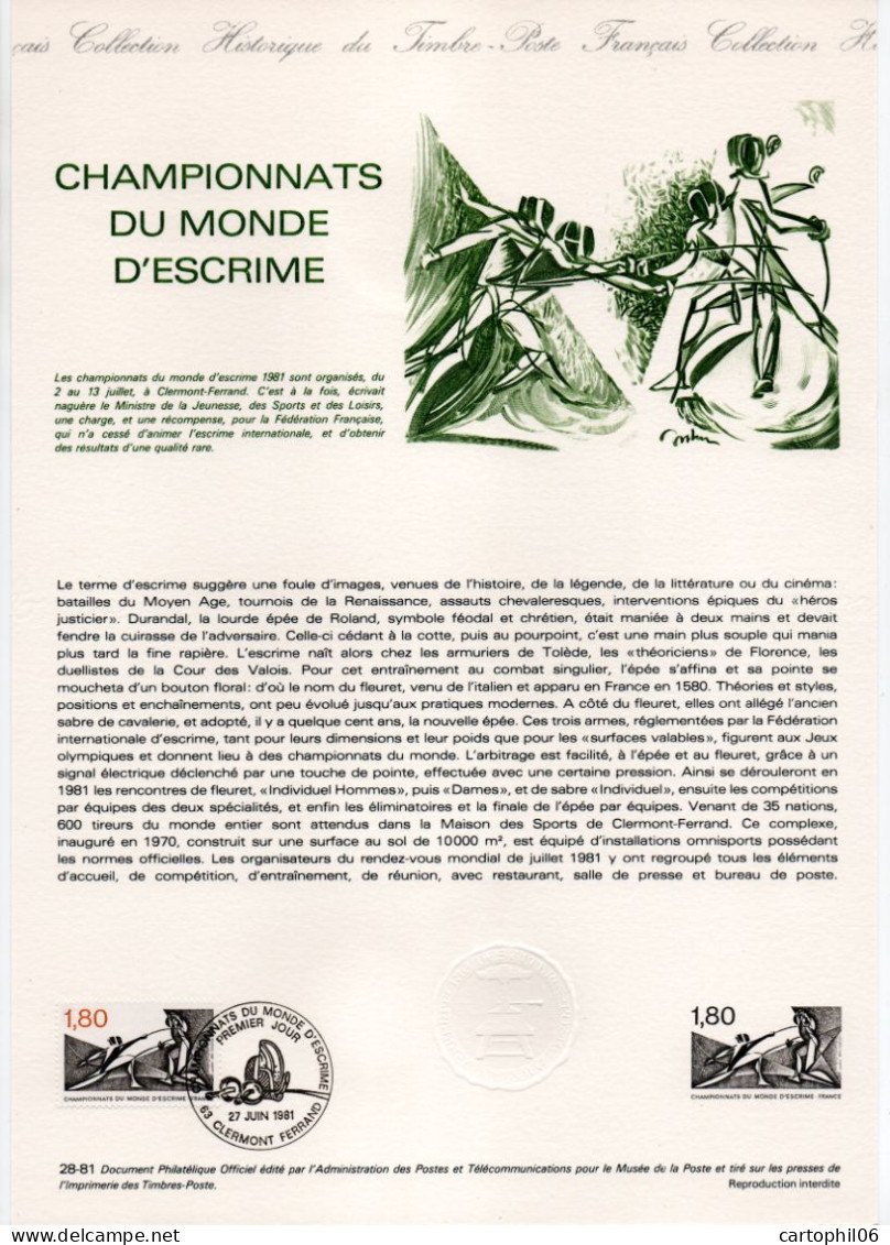 - Document Premier Jour LES CHAMPIONNATS DU MONDE D'ESCRIME - CLERMONT FERRAND 27.6.1981 - - Fencing