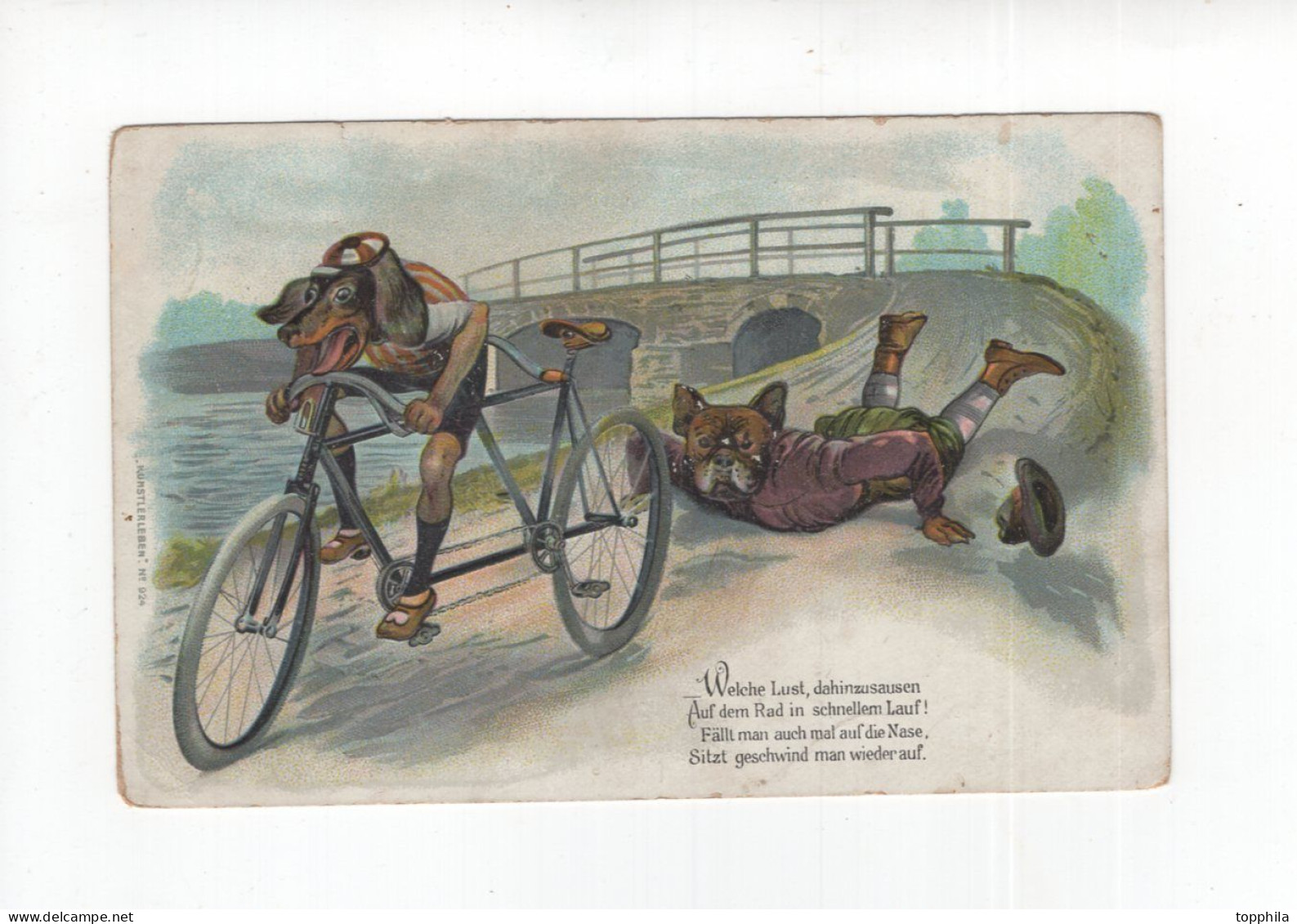 Um 1910 Dt. Reich Farbkarte Karikaturkarte Tandem - Fahrrad Mit Hunden In Menschengestalt - Chiens