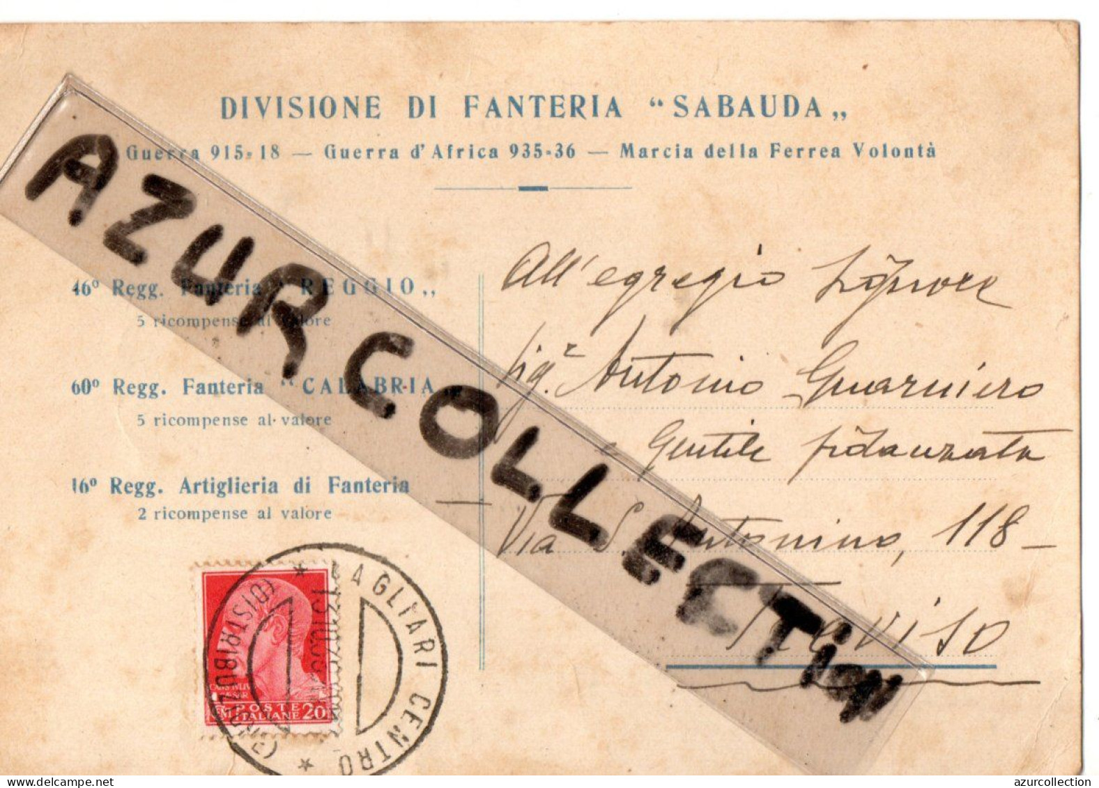 DIVISIONE DI FANTERIA SABAUDA . 1938 - Storia Postale