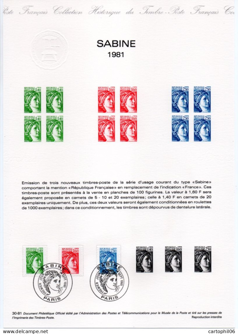 - Document Premier Jour Type SABINE - PARIS 1.9.1981 - - Documents Of Postal Services