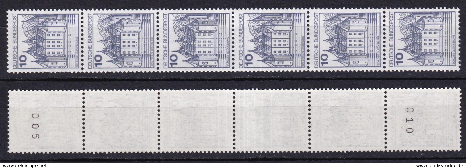 Bund 913 A RM 6er Streifen Burgen+Schlösser 10 Pf Postfrisch Neue Floureszenz - Rollo De Sellos