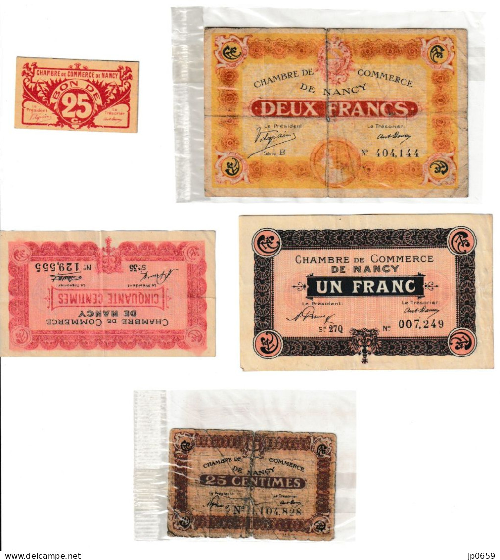 NANCY - LOT 5 BILLETS - DEUX FRANCS/UN FRANC/50 CENTIMES/2x25 CENTIMES - Chambre De Commerce