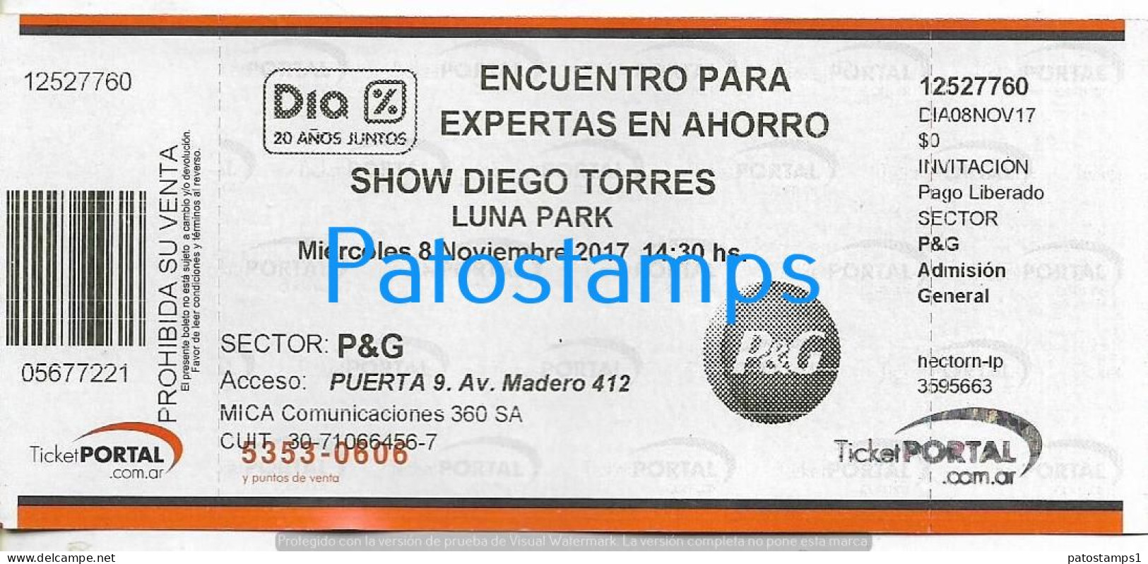 228806 ARTIST DIEGO TORRES ARGENTINA POP IN LUNA PARK AÑO 2017 ENTRADA TICKET NO POSTAL POSTCARD - Toegangskaarten