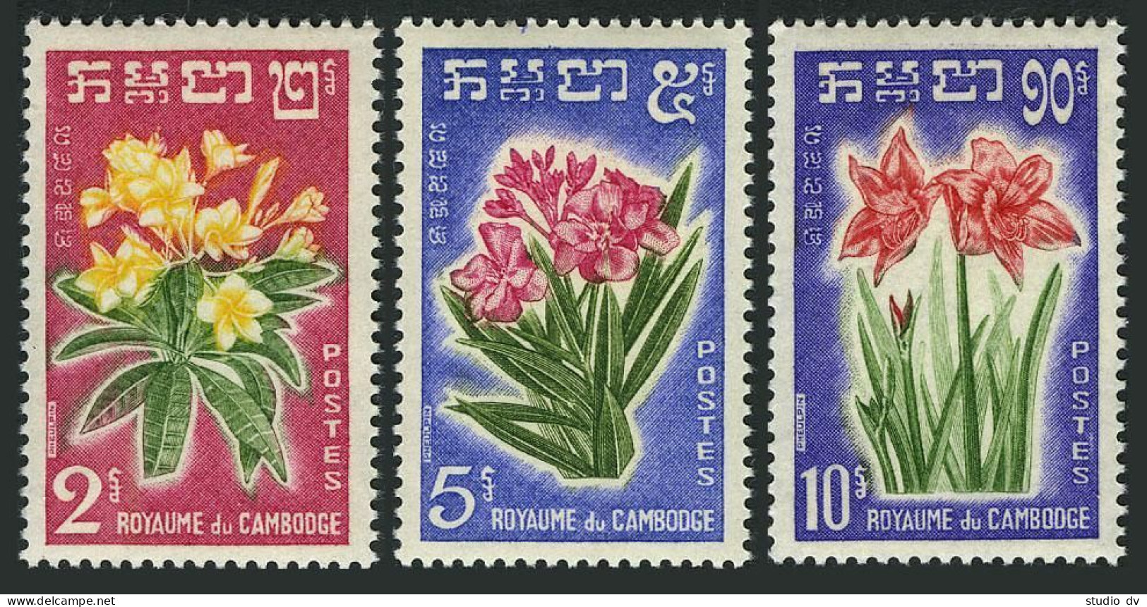 Cambodia 91-93, MNH. Michel 118-120. Flowers 1961. Frangipani,Oleander,Amarylis. - Cambogia