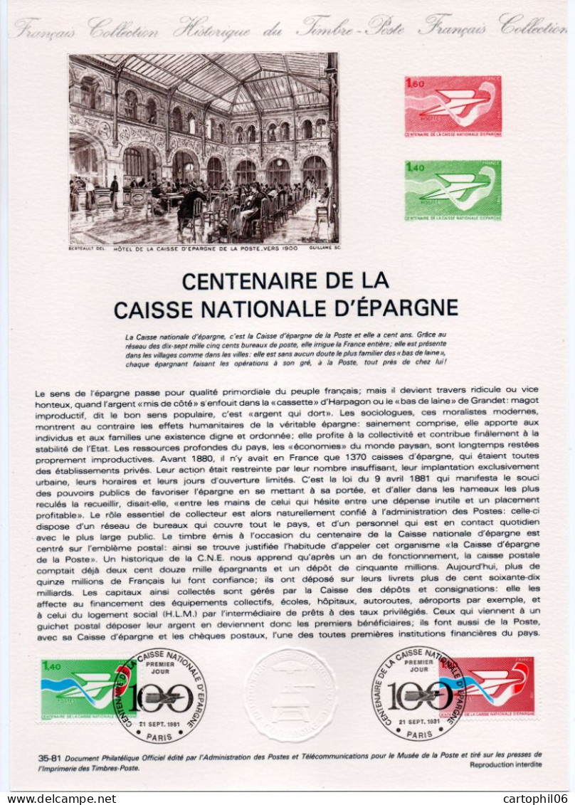 - Document Premier Jour LE CENTENAIRE DE LA CAISSE NATIONALE D'ÉPARGNE - PARIS 21.9.1981 - - Postdokumente