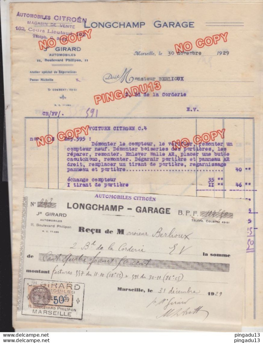 Fixe Facture Longchamp Garage Marseille Citroën Réparation Citroën C 4 30 Nov 1929 Et Fiscal Reçu - Briefe U. Dokumente