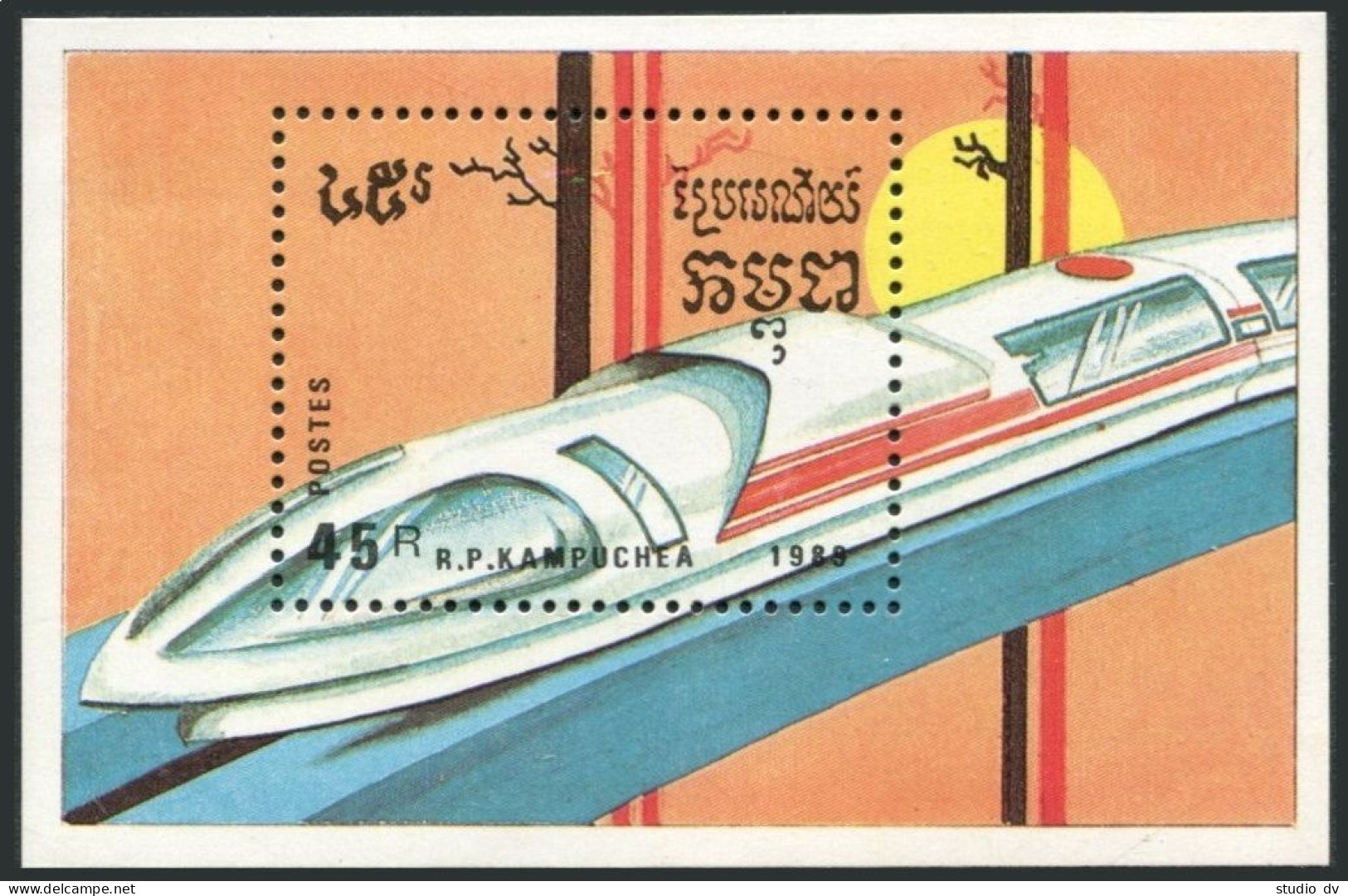 Cambodia 929-935,936,MNH.Michel 1007-1013,Bl.163. Trains,Locomotives 1989. - Cambodja