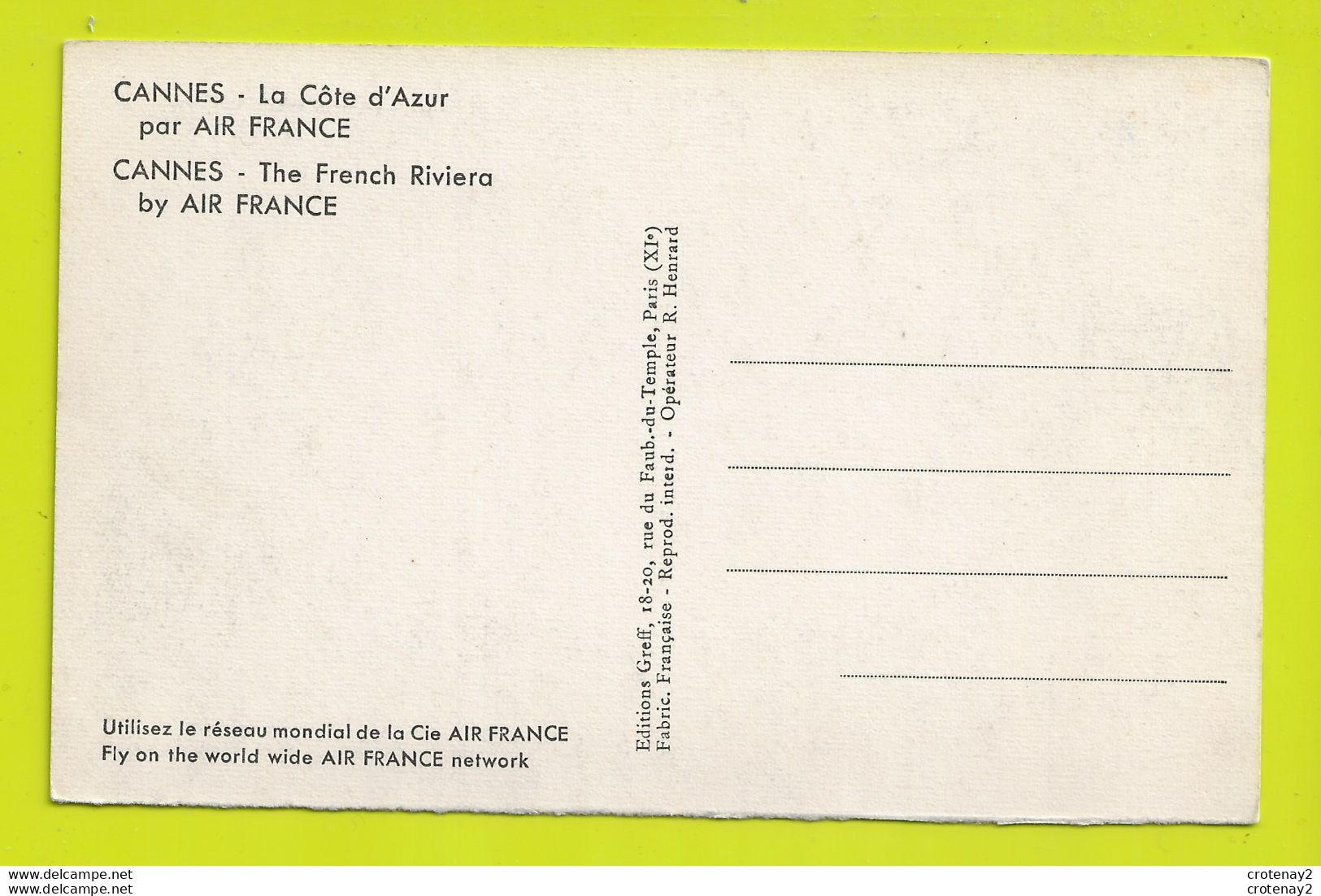 06 CANNES La Côte D'Azur Par AIR FRANCE Carte Publicitaire Pour AIR FRANCE Belle Vue Aérienne VOIR DOS - Advertising