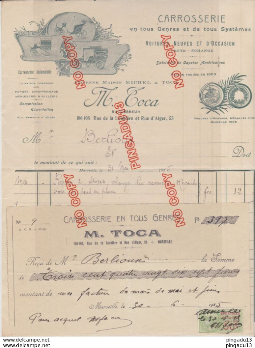 Fixe Timbre Fiscal Reçu Et Facture Carrosserie Automobile Toca Marseille 1925 Très Bon état - Lettres & Documents