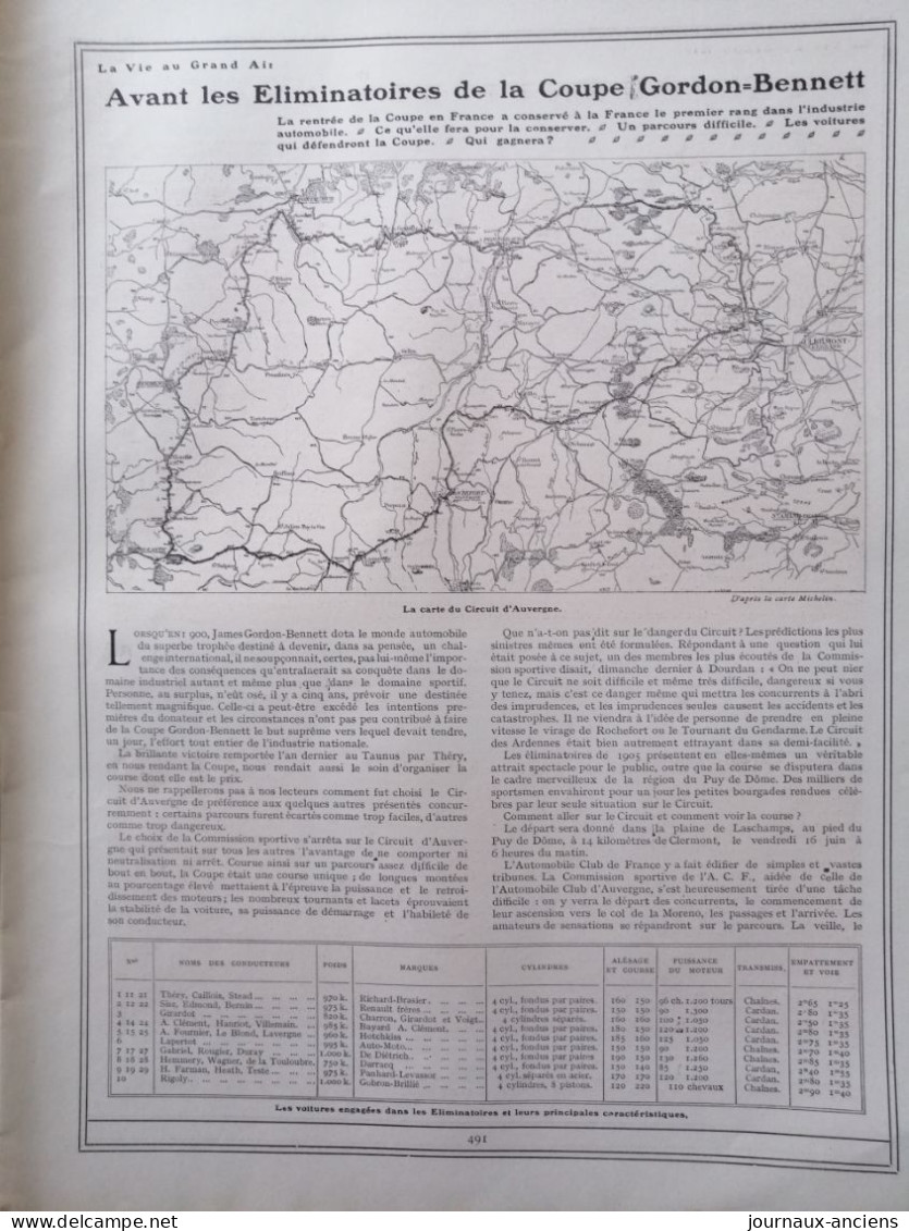 1905 COURSE AUTOMOBILE - LE CIRCUIT D'AUVERGNE - AVANT LA COUPE GORDON BENNETT - Revue Sportive " LA VIE AU GRAND AIR " - 1900 - 1949