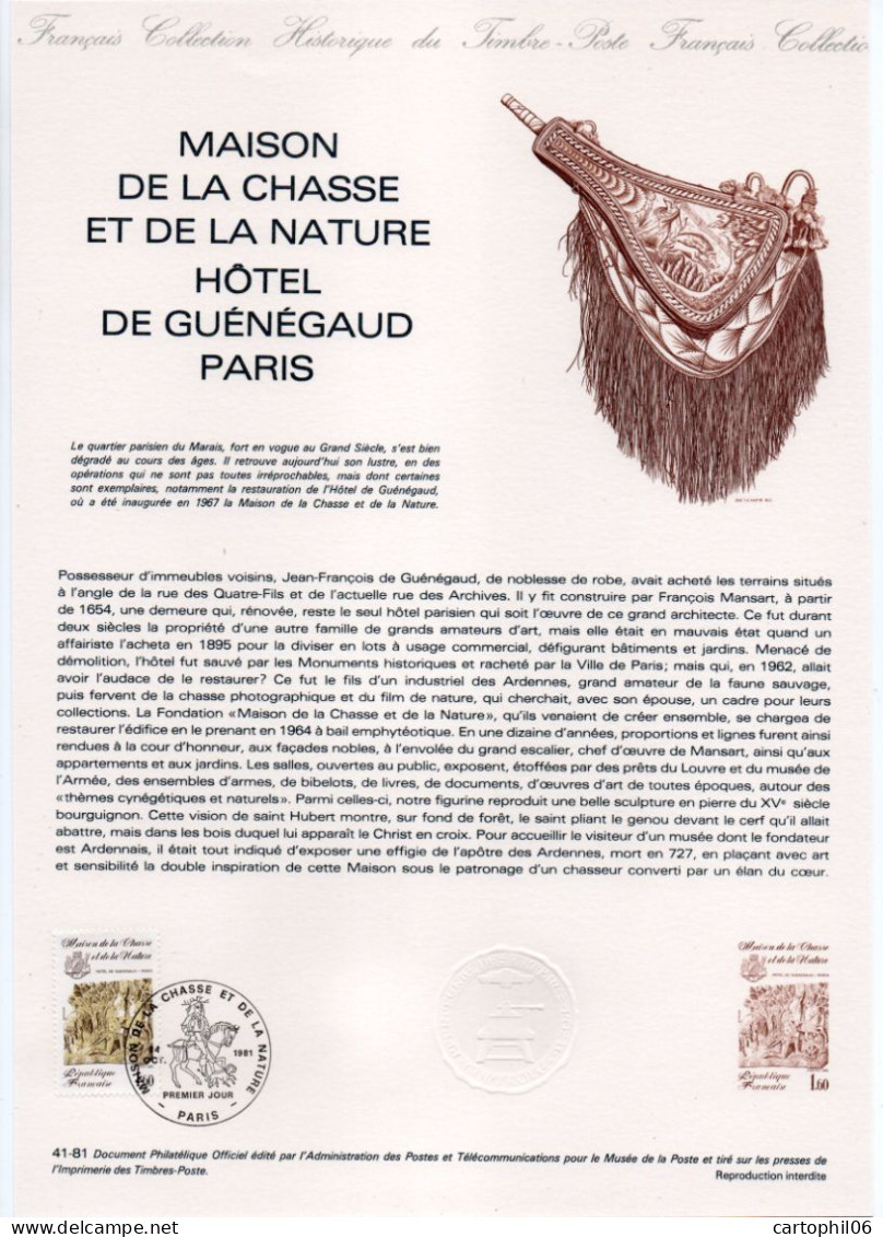 - Document Premier Jour LA MAISON DE LA CHASSE ET DE LA NATURE - PARIS 24.10.1981 - - Documents Of Postal Services