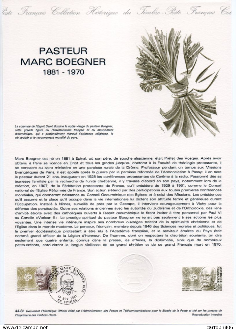 - Document Premier Jour LE PASTEUR MARC BOEGNER (1881-1970) - EPINAL 14.11.1981 - - Cristianesimo