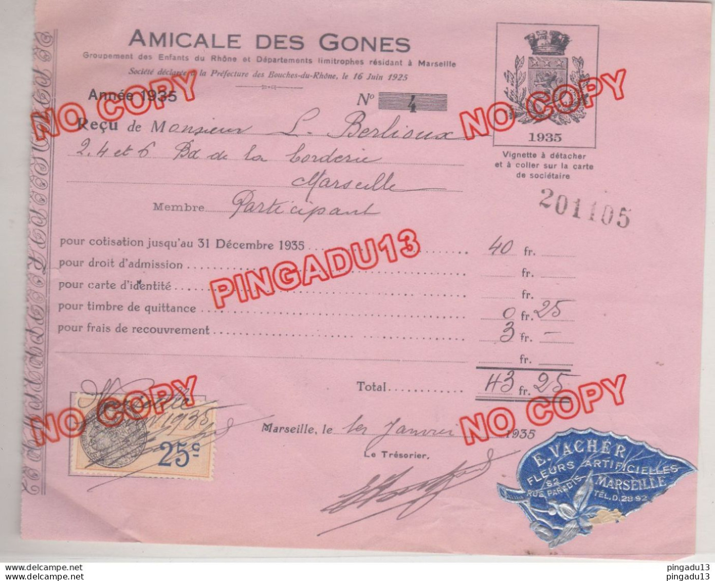 Fixe Timbre Fiscal Reçu Amicale Des Gones Marseille 1935 Très Bon état - Briefe U. Dokumente
