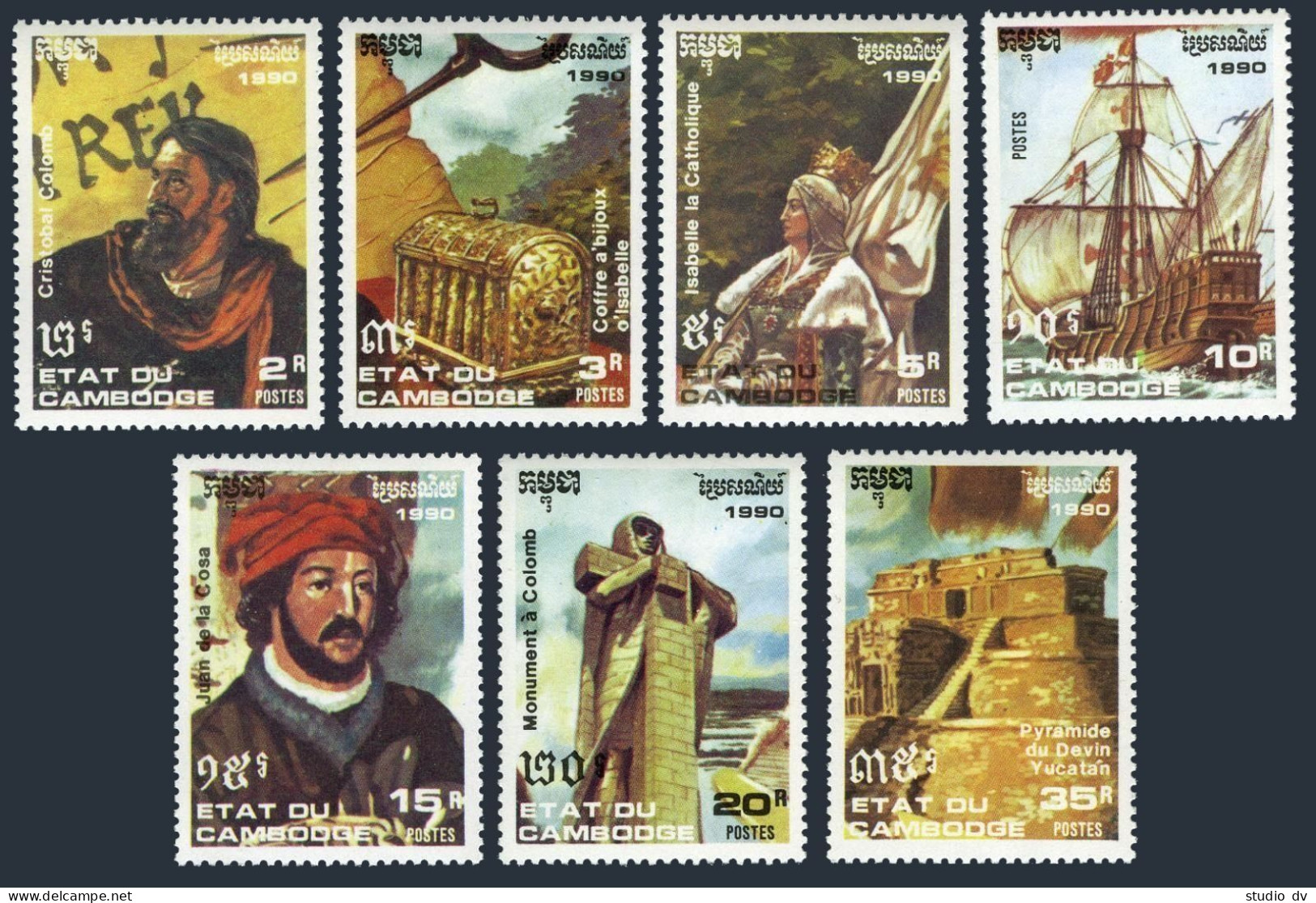 Cambodia 1107-1013,1114,MNH.Michel 1185-1191,Bl.180.Columbus-500.Pyramid,Yucatan - Camboya