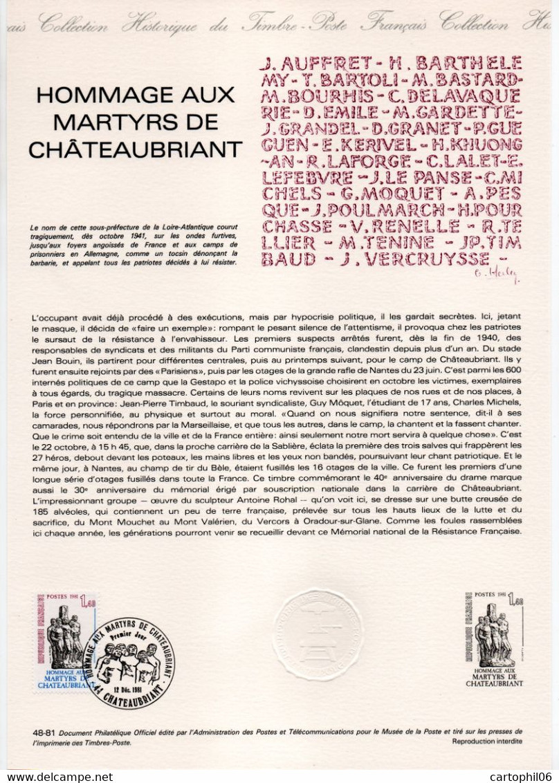 - Document Premier Jour HOMMAGE AUX MARTYRS DE CHATEAUBRIANT 12.12.1981 - - Guerre Mondiale (Seconde)