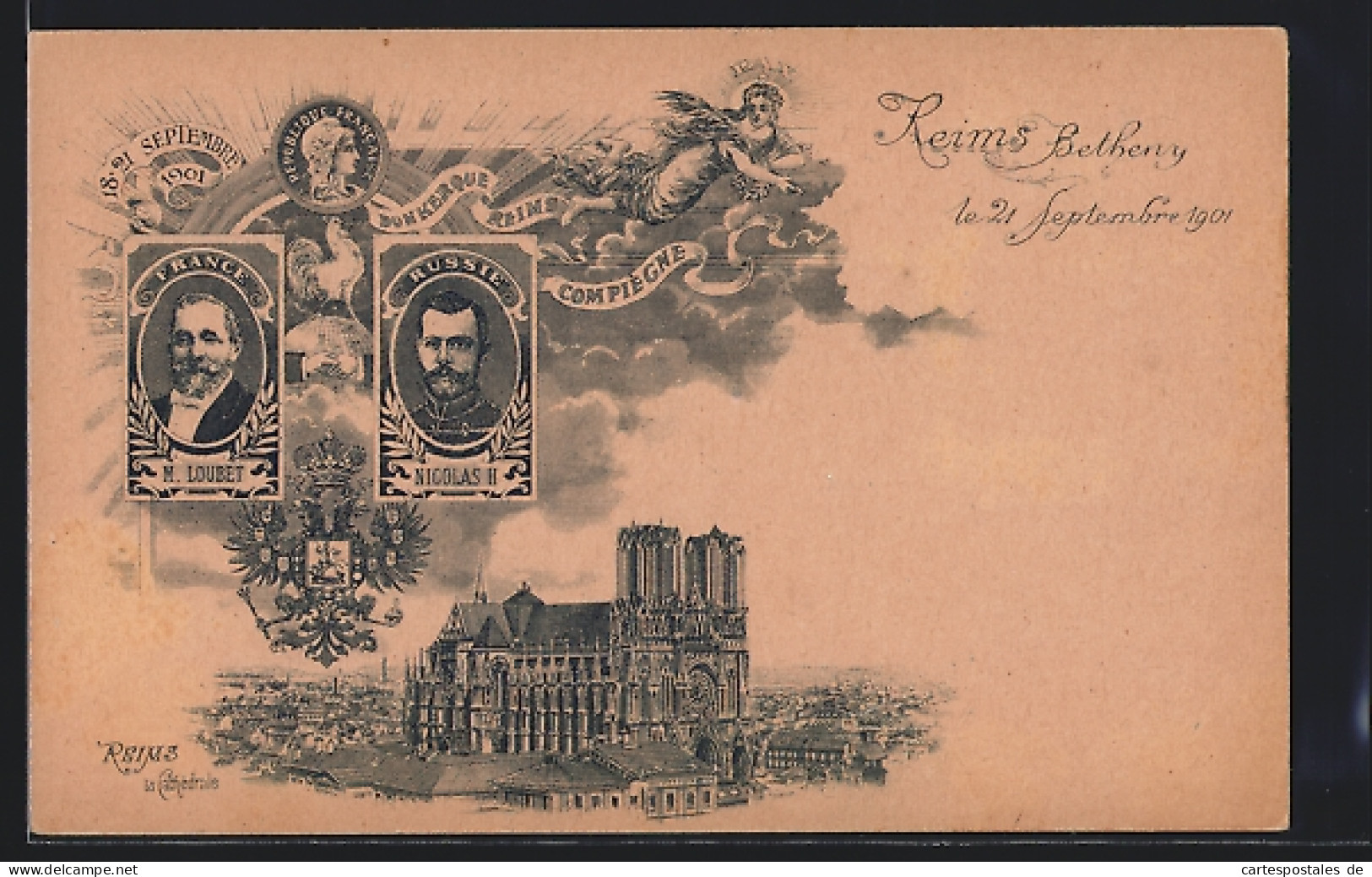 Lithographie Reims, Zar Nikolaus II. Von Russland, Kathedrale  - Reims