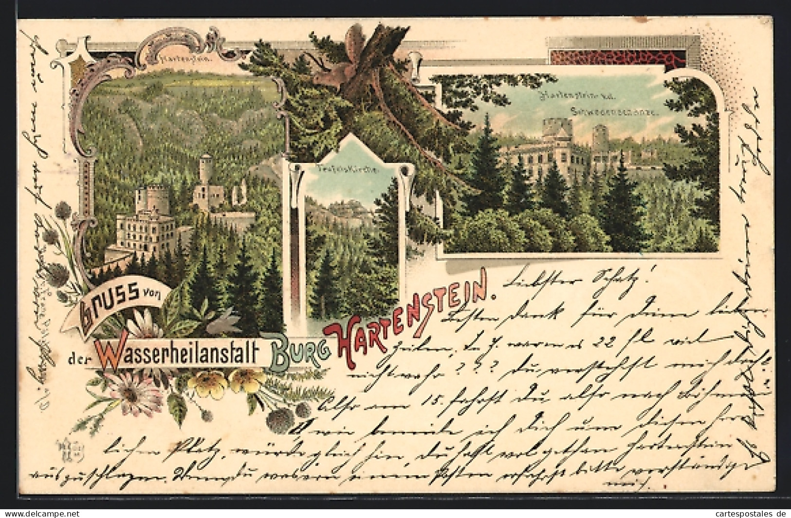 Lithographie Hartenstein, Wasserheilanstalt Und Burg, Teufelskirche, Burg V. D. Schwedenschanze  - Autres & Non Classés