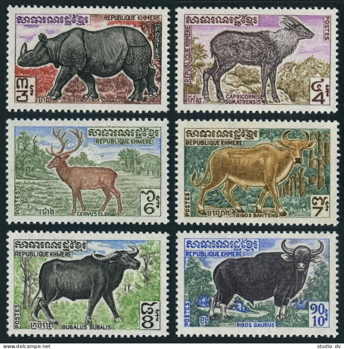 Cambodia 295-300, MNH. Mi 338-343. 1972. Rhinoceros, Serow,Sambar,Banteng,Gaur, - Cambodia