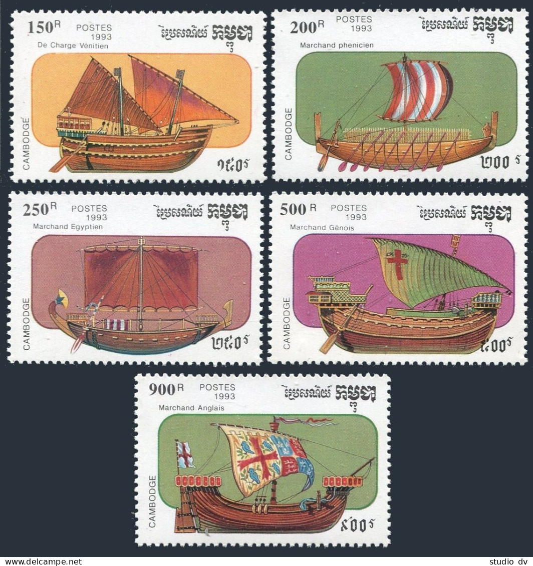 Cambodia 1290-1294, MNH. Mi 1366-1370. Ships 1993. Caravel, Galley, Merchantman, - Cambodia