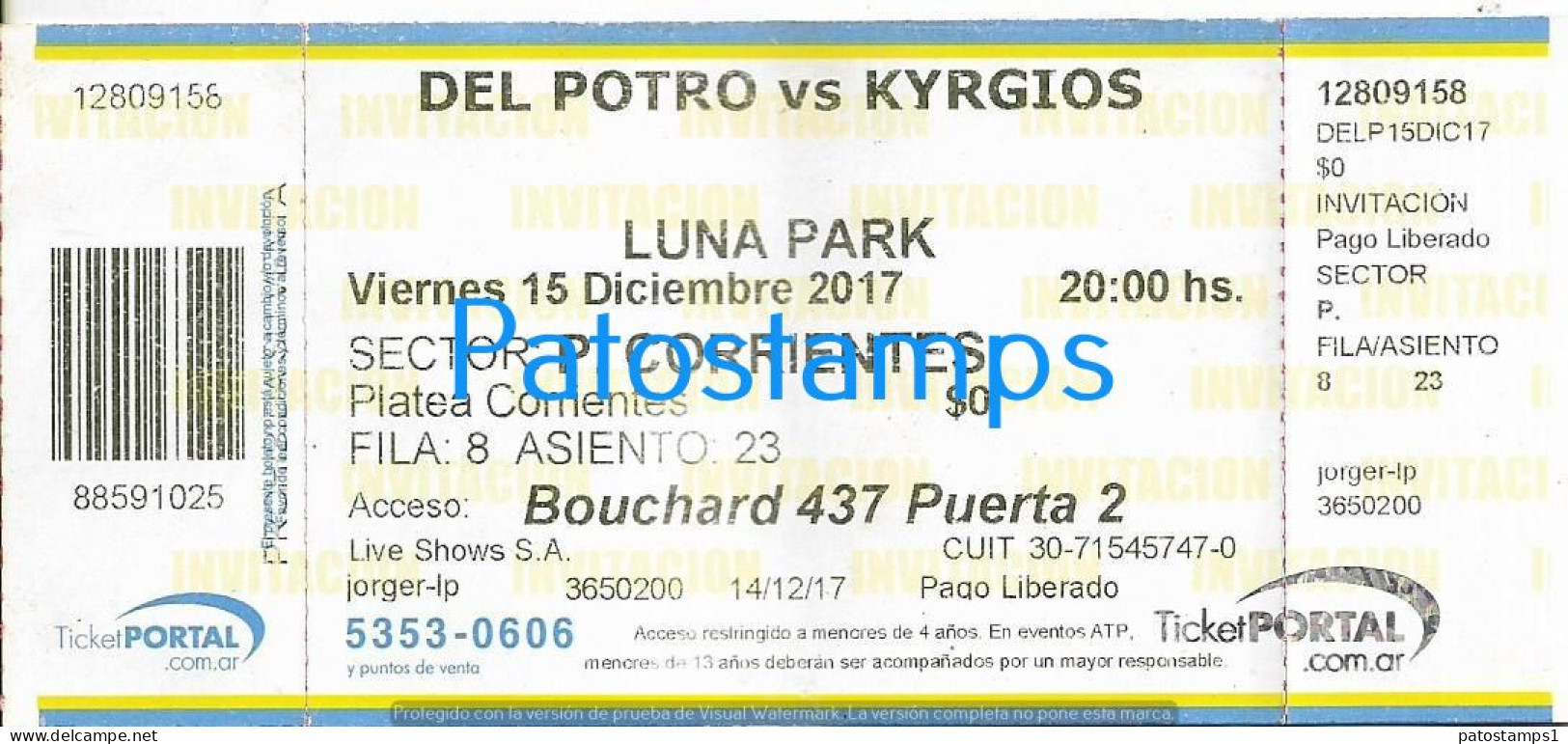 228814 SPORTS TENNIS TENIS ARGENTINA DEL POTRO VS KYRGIOS AUSTRALIA IN LUNA PARK AÑO 2017 ENTRADA TICKET NO POSTCARD - Tickets - Entradas