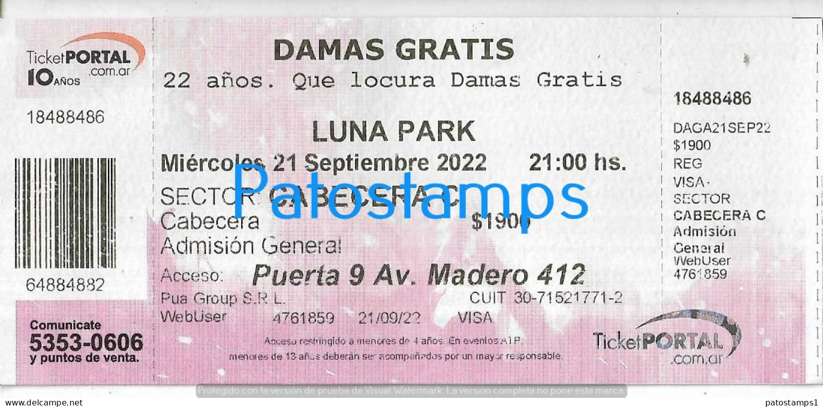 228815 ARTIST DAMAS GRATIS ARGENTINA CUMBIA IN LUNA PARK AÑO 2022 ENTRADA TICKET NO POSTAL POSTCARD - Tickets D'entrée