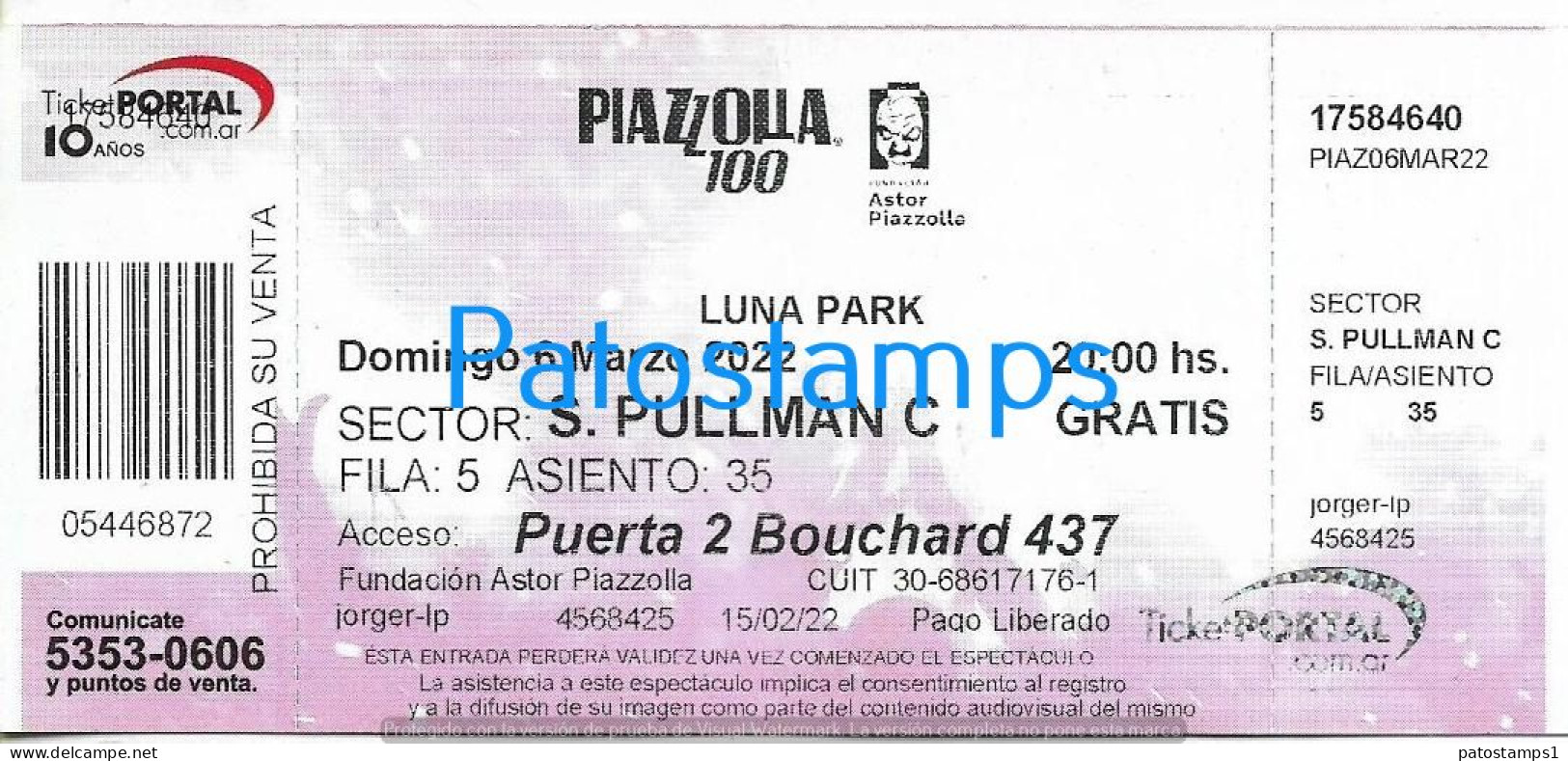 228818 ARTIST ASTOR PIAZZOLLA ARGENTINA TANGO IN LUNA PARK AÑO 2022 ENTRADA TICKET NO POSTAL POSTCARD - Eintrittskarten