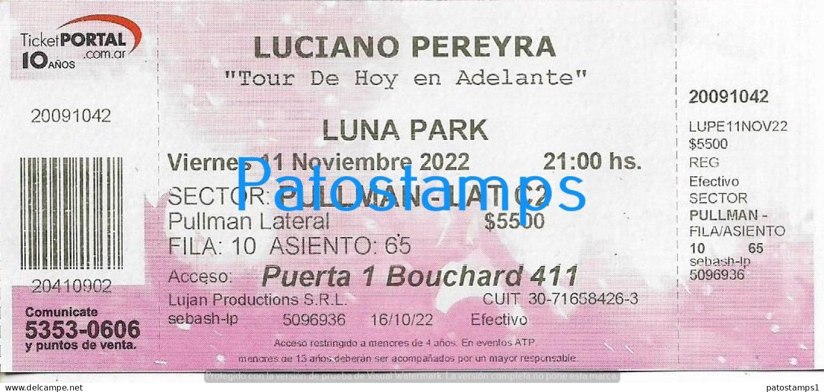 228819 ARTIST LUCIANO PEREYRA ARGENTINA POP IN LUNA PARK AÑO 2022 ENTRADA TICKET NO POSTAL POSTCARD - Toegangskaarten