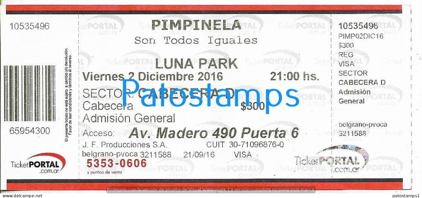 228820 ARTIST PIMPINELA ARGENTINA DUO POP IN LUNA PARK AÑO 2016 ENTRADA TICKET NO POSTAL POSTCARD - Tickets - Entradas