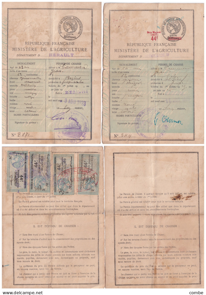 2 PERMIS DE CHASSER. 1923 -1925. HERAULT. BEZIERS - Documents Historiques