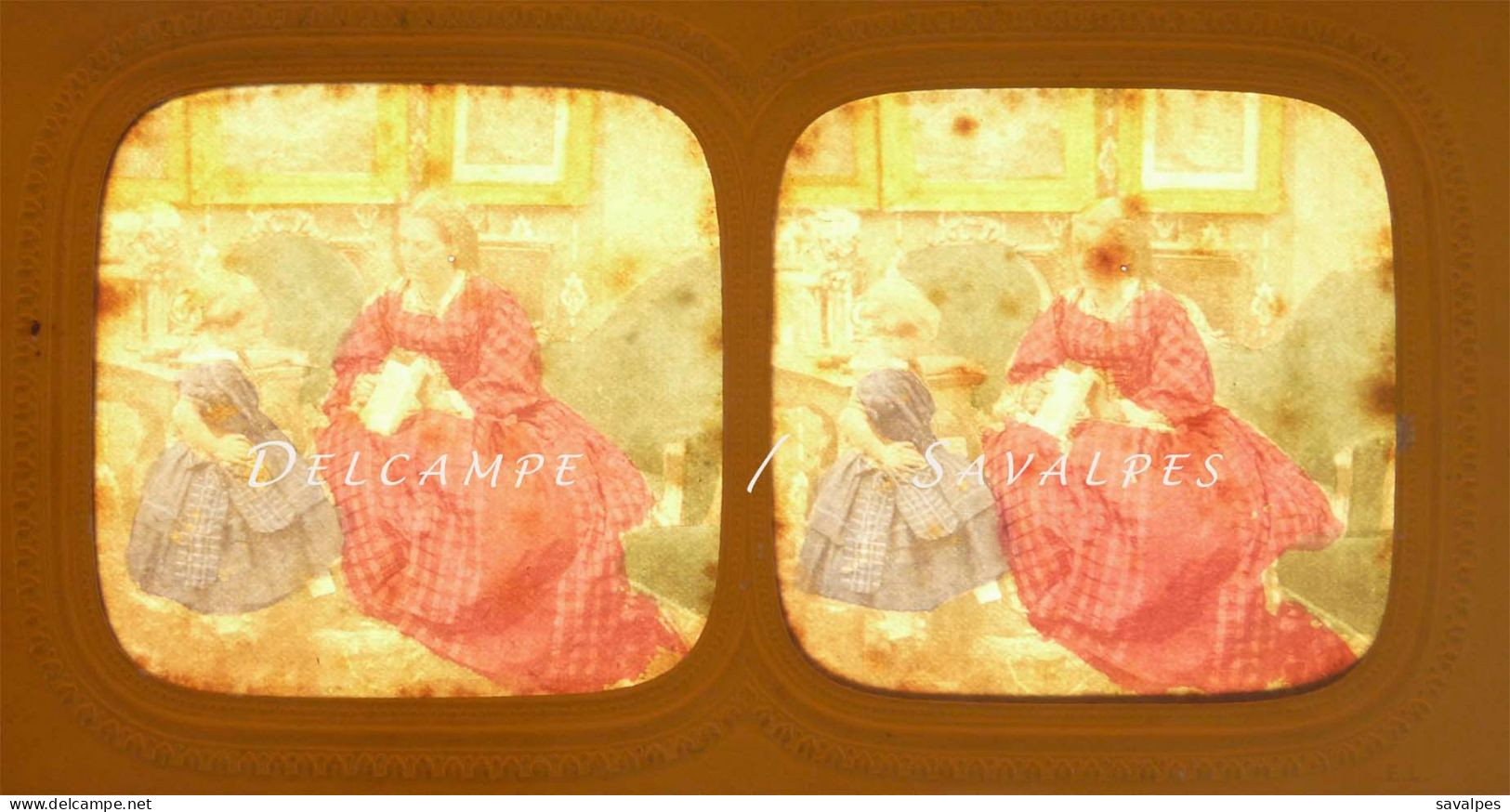Scène De Genre * Lecture Livre Mère Enfant * Photo Stéréoscopique Colorisée Par Transparence 1860/65 - Stereo-Photographie