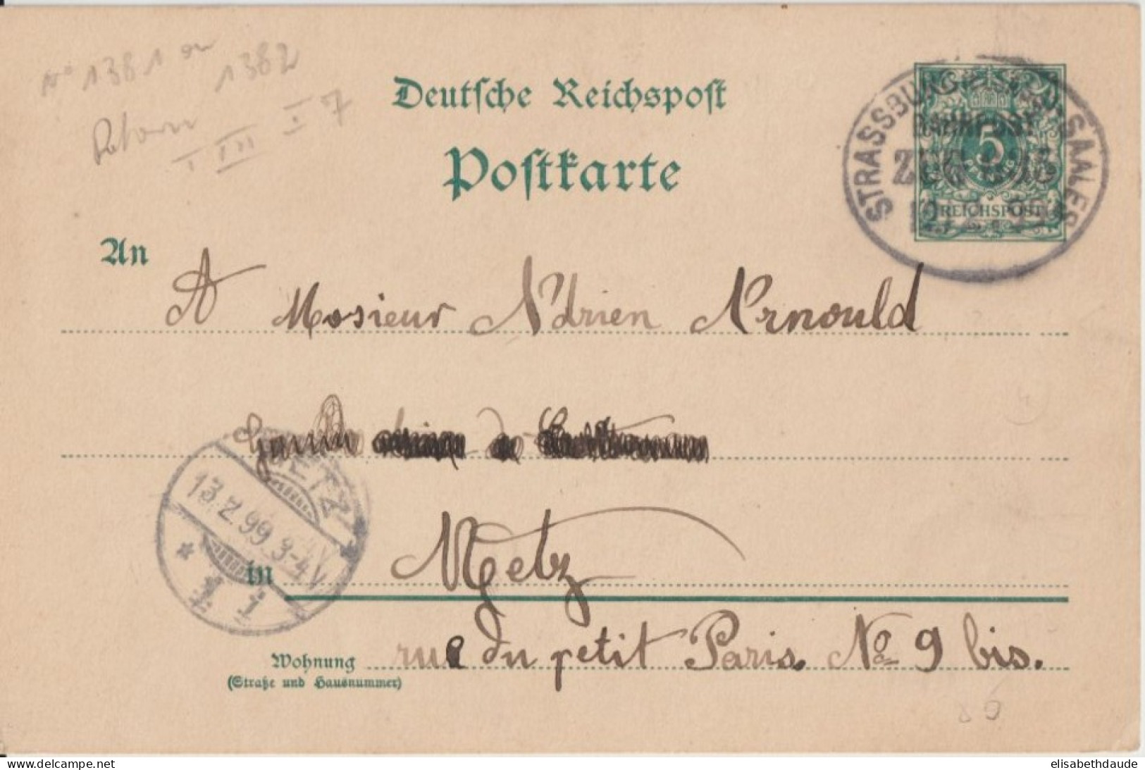 1899 - ALSACE - CACHET CONVOYEUR STRASSBURG SAALES ZUG 635 (IND 7) CP ENTIER De WISCHES => METZ - Brieven En Documenten