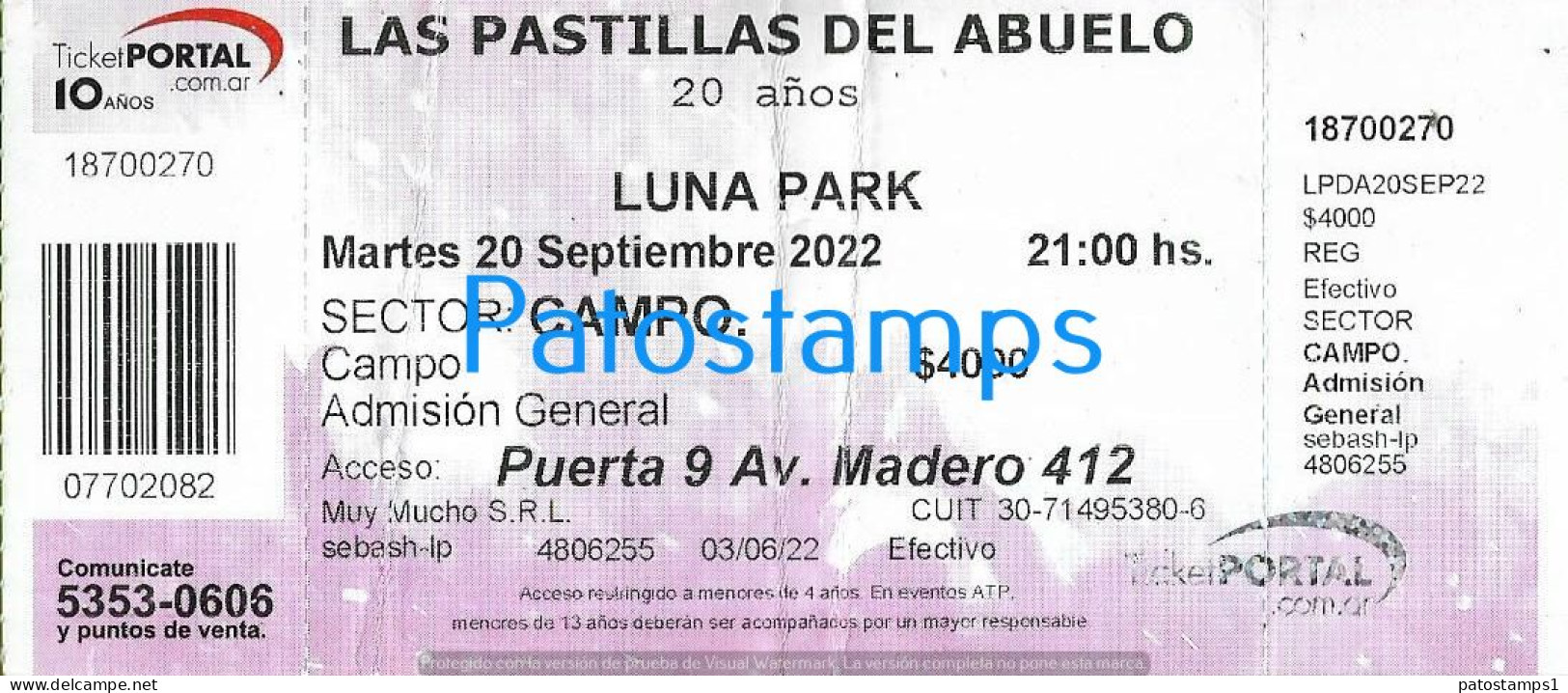 228821 ARTIST LAS PASTILLAS DEL ABUELO ARGENTINA ROCK & ROLL IN LUNA PARK AÑO 2022 ENTRADA TICKET NO POSTAL POSTCARD - Toegangskaarten