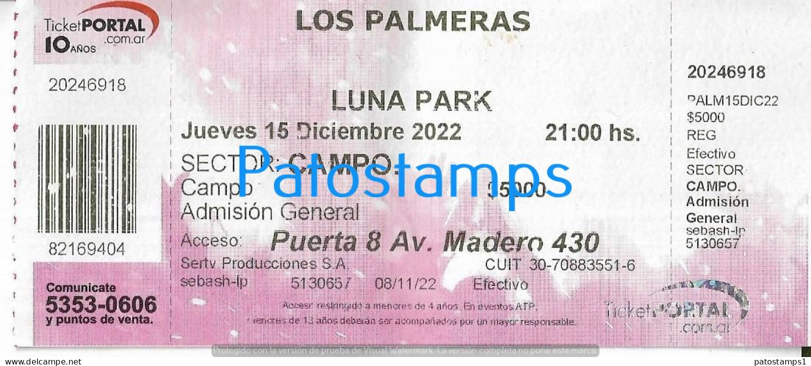 228822 ARTIST LOS PALMERAS ARGENTINA CUMBIA IN LUNA PARK AÑO 2022 ENTRADA TICKET NO POSTAL POSTCARD - Eintrittskarten