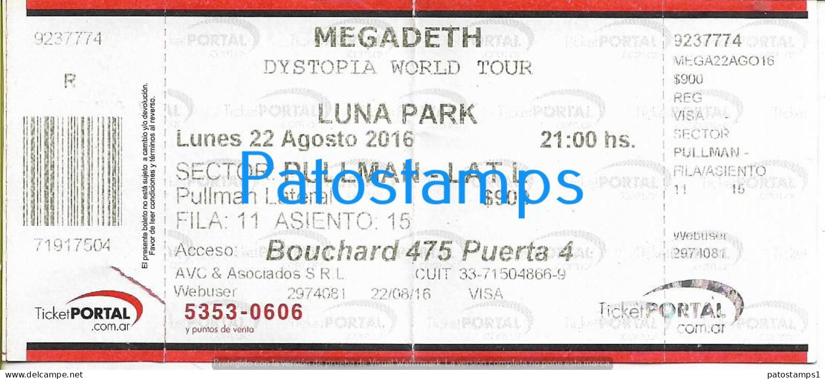 228823 ARTIST MEGADETH US METAL THRASH IN ARGENTINA LUNA PARK AÑO 2016 ENTRADA TICKET NO POSTAL POSTCARD - Eintrittskarten