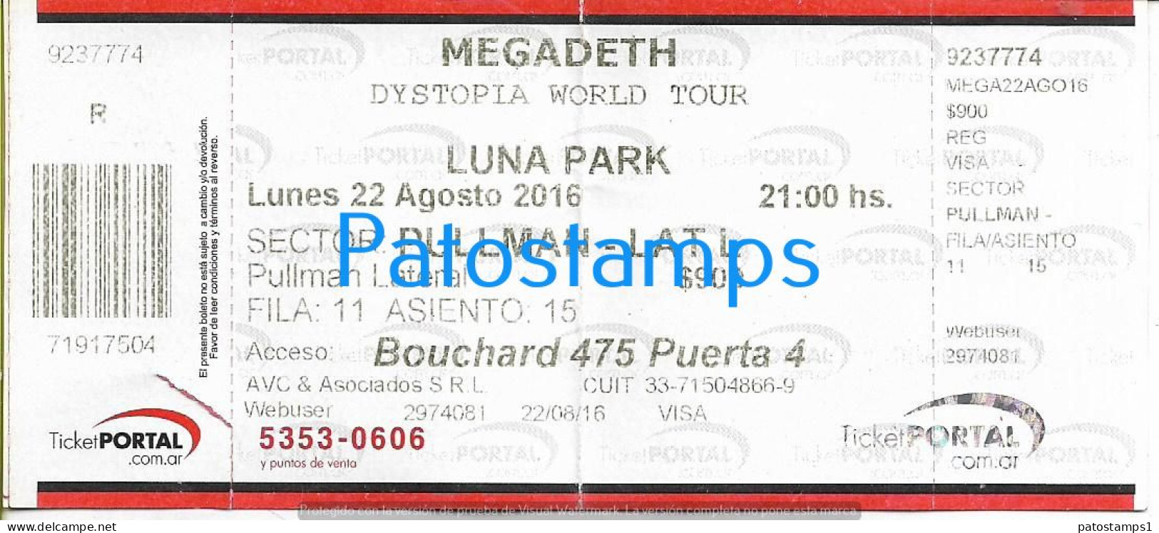 228823 ARTIST MEGADETH US METAL THRASH IN ARGENTINA LUNA PARK AÑO 2016 ENTRADA TICKET NO POSTAL POSTCARD - Toegangskaarten