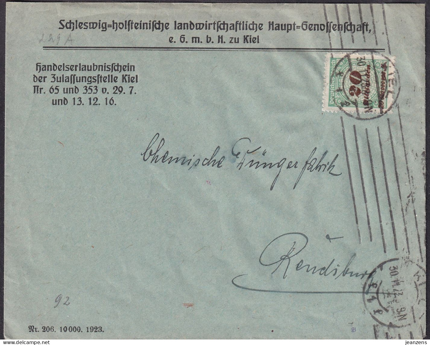 Lettre Obl Kiel 30.11.1923 Aff 20 Milliards - Brieven En Documenten