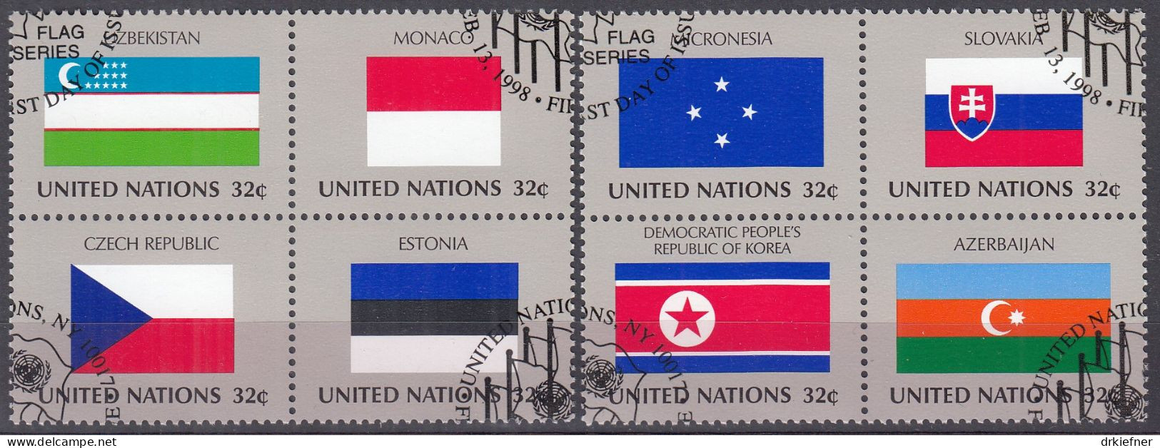 UNO NEW YORK  756-763, Herzstücke, Gestempelt, Flaggen, 1998 - Gebruikt