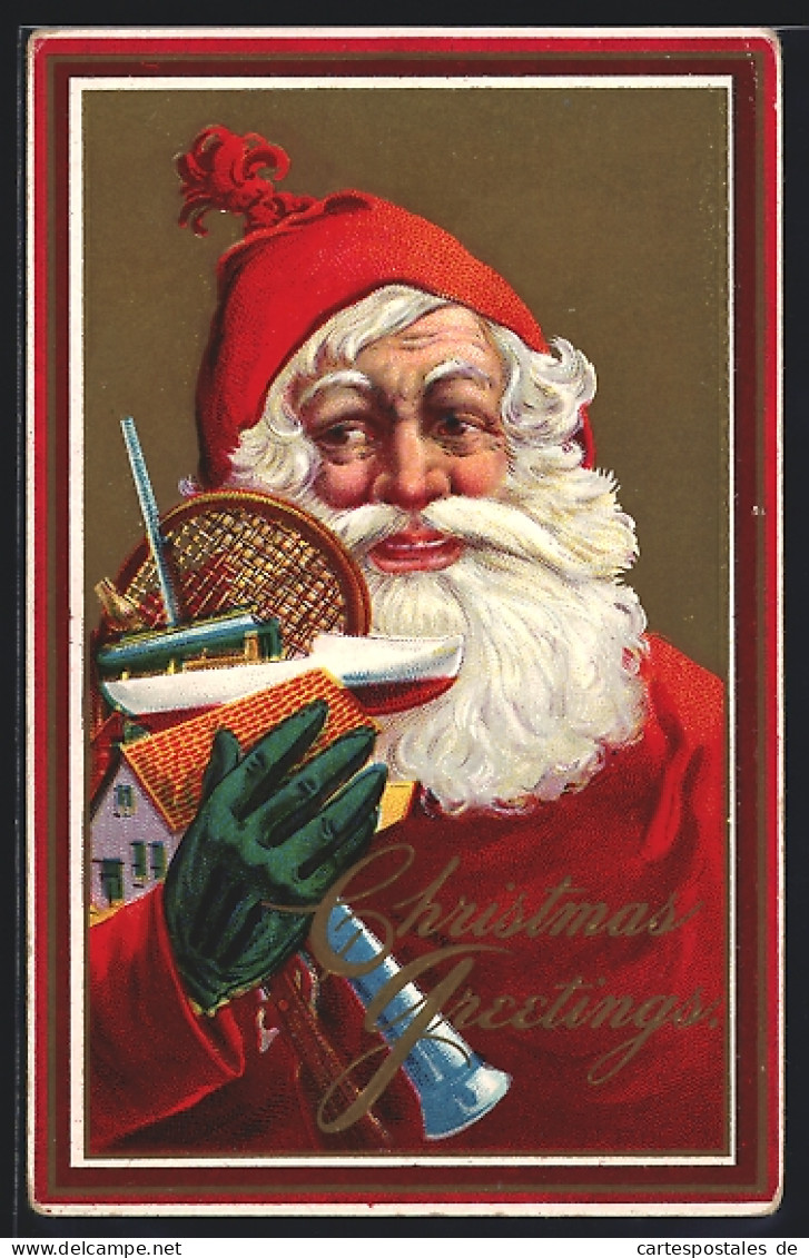 Künstler-AK Weihnachtsmann Mit Spielzeug, Boot, Haus, Tennisschläger  - Santa Claus