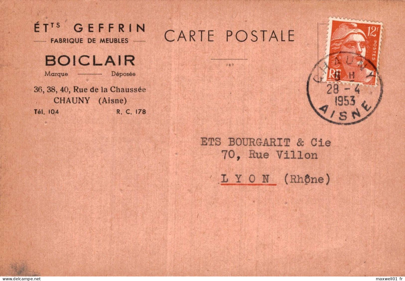 O8 - Carte Postale Publicité - Ets Geffrin - Fabrique De Meubles - Boiclair - Chauny (Aisne) - Advertising