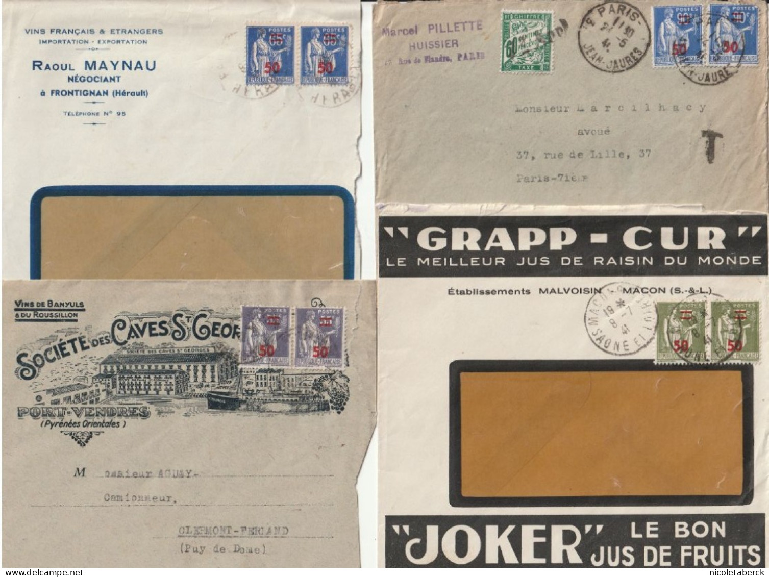 Type Paix, N° 478/92  4 Enveloppes, Une D'huissier Taxée, 2 Avec Pub Pour Boissons Dont Jus De Fruit JOKER 1941 - 1932-39 Frieden