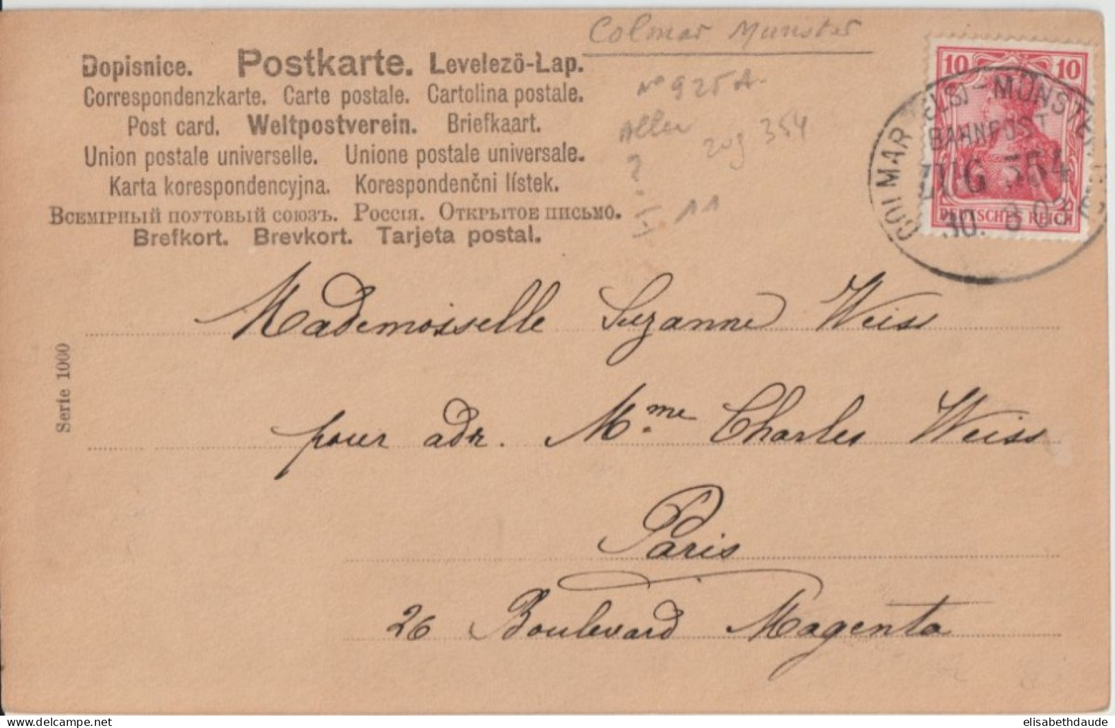 1903 - ALSACE - CACHET CONVOYEUR COLMAR MÜNSTER ZUG 554 (IND 8) CP => PARIS - Brieven En Documenten
