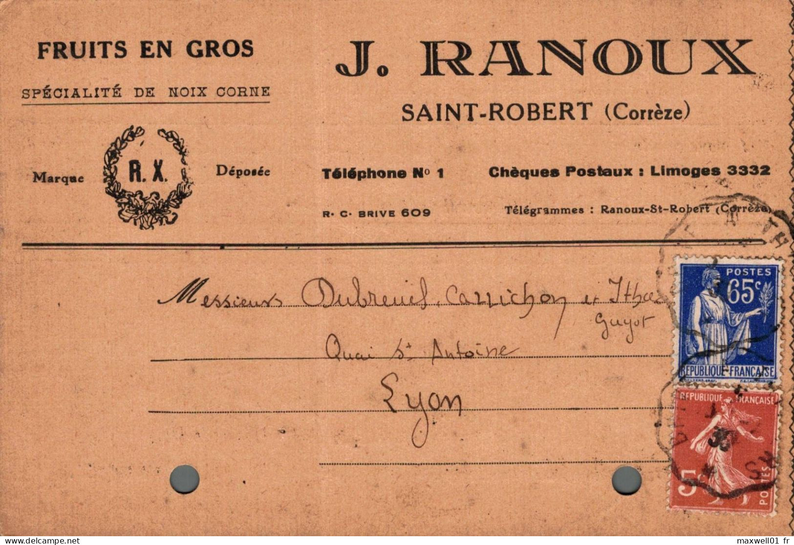 O8 - Carte Postale Publicité - J. Ranoux - Fruits En Gros - Saint-Robert (Corrèze) - Publicité