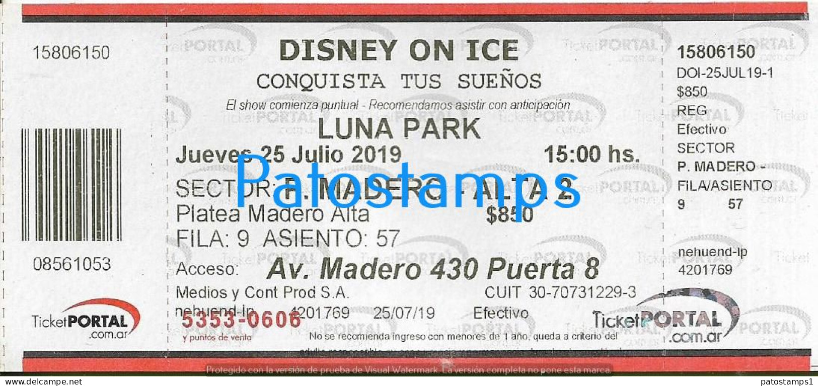 228826 ARTIST SHOW DISNEY ON ICE ARGENTINA IN LUNA PARK AÑO 2019 ENTRADA TICKET NO POSTAL POSTCARD - Eintrittskarten