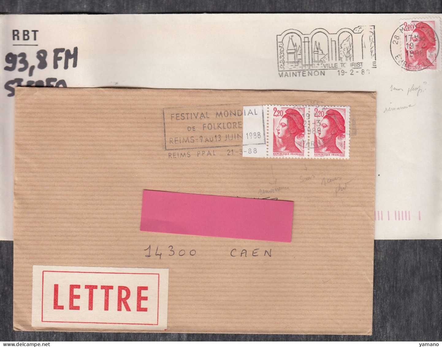 1988 -  LOT DE 2 ENVELOPPES LIBERTE 2.20 F Rouge Oblitérées Avec VARIETE Sans PHO - Used Stamps