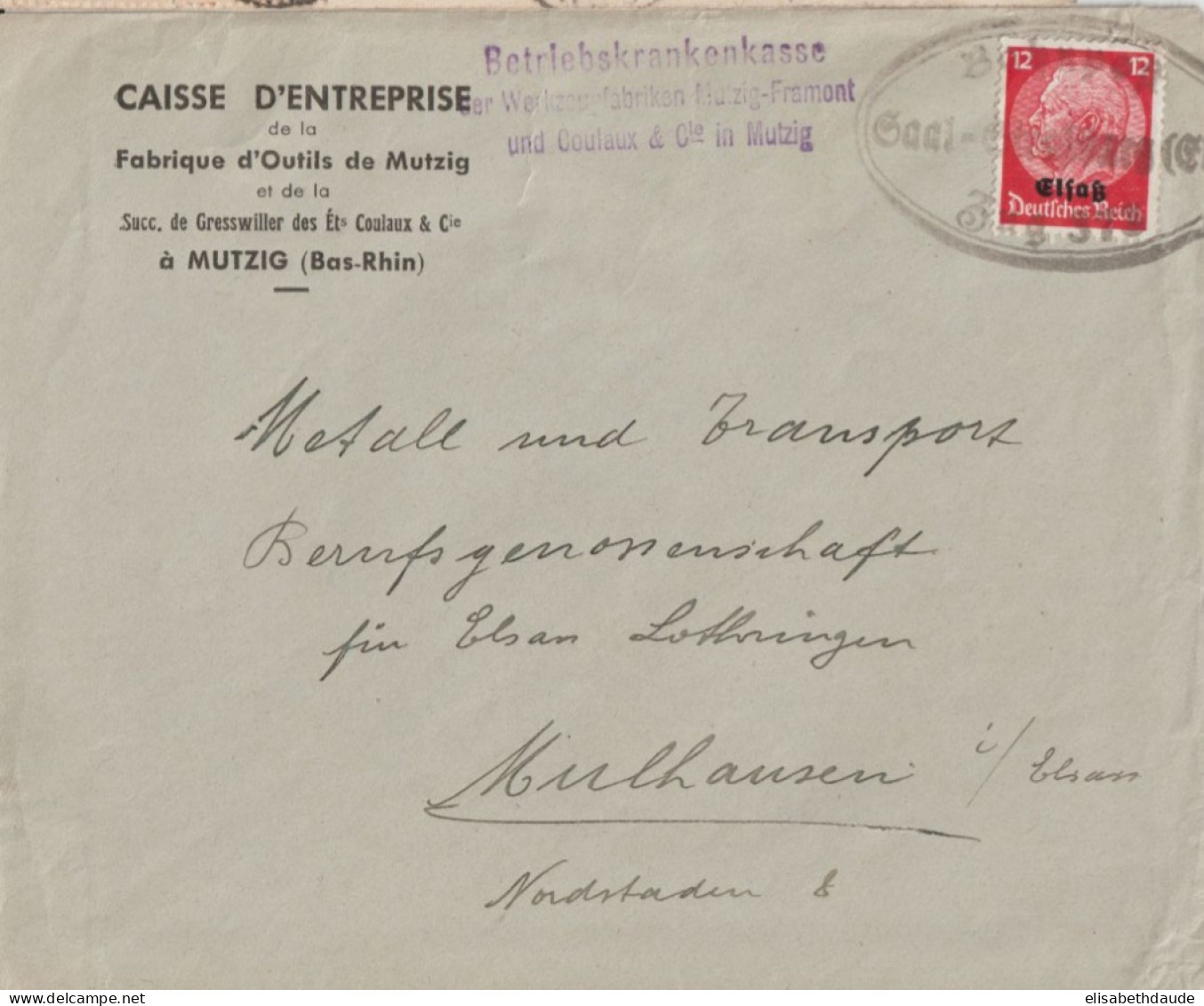 1940 - ALSACE - CACHET CONVOYEUR BAHNPOST SAAL STRASSBURG ZUG 373 - ENVELOPPE De MUTZIG => MULHAUSEN - Lettres & Documents