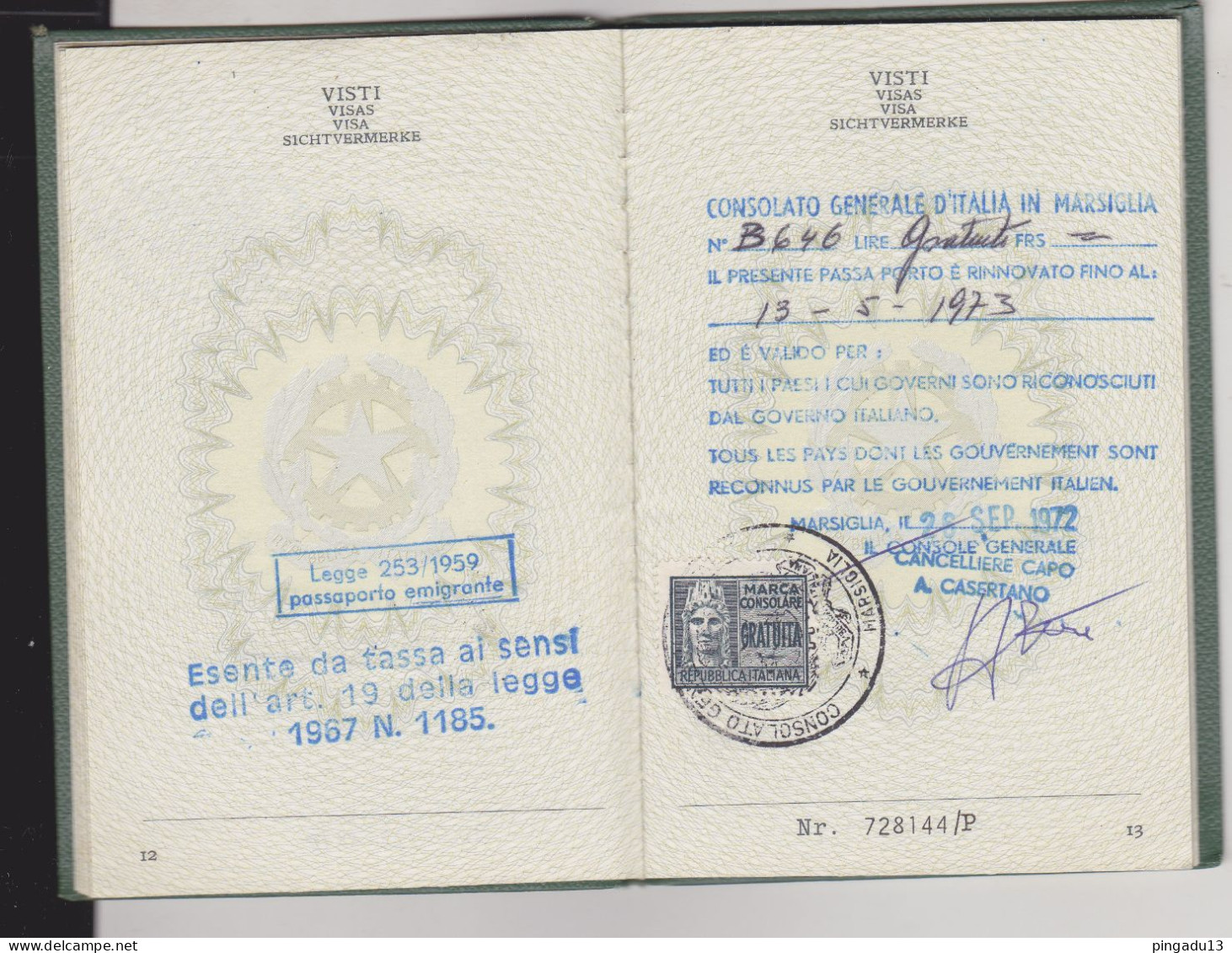 Passaporto Residente In Tunisia Marca Consolare Gratuita Concessione Gratuita Del Passaporto 14 Mai 1963 Tunis - Revenue Stamps