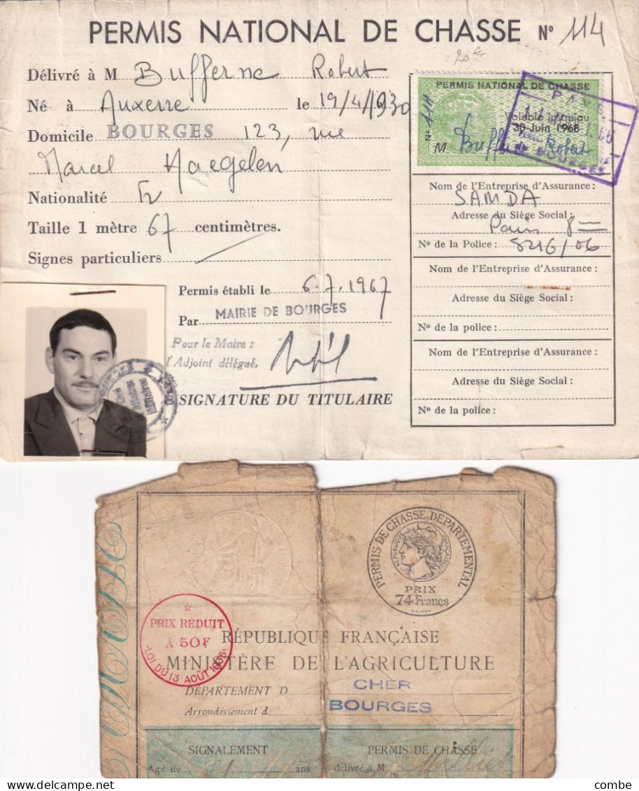 2 PERMIS DE CHASSER, BOURGES 1939, 1967 - Historical Documents