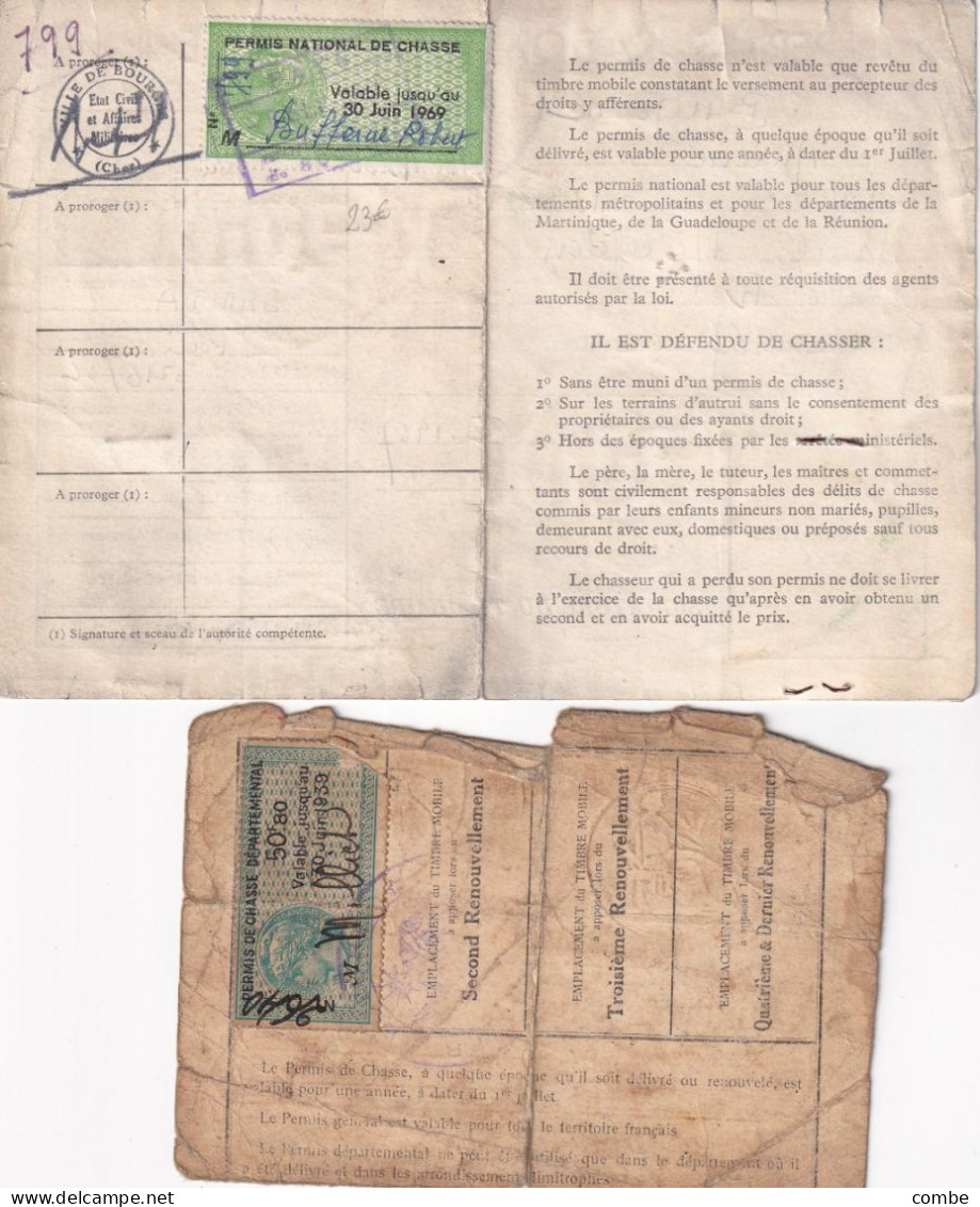 2 PERMIS DE CHASSER, BOURGES 1939, 1967 - Documents Historiques